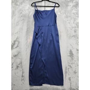 Shein Dress Womens S Blue Split Thigh Satin Cami Midi Stretch Back Zip Party